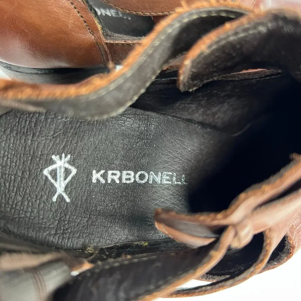 Krbonell Leather Cut Out Buckle Strap Block Heeled Ankle Bootie Brown 7.5